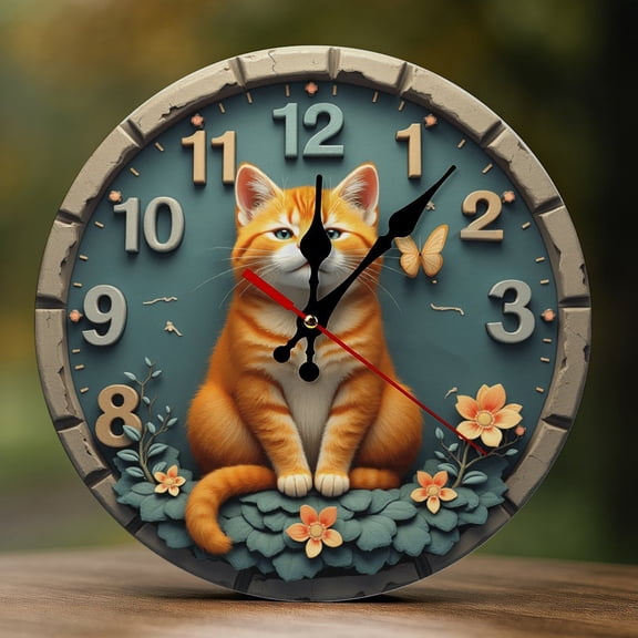 Wall Clock Decorative - Orange Cat Cute A Print 2D Vintage Wall Clocks Battery Operated Silent Non-Ticking for Bedroom, Living Room, Kitchen, Office, Classroom, 10 Inch