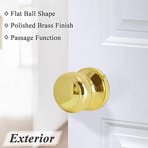 Keyless Flat Ball Door Knob, Non-Locking Passage Door Hardware in Polished Brass for Closet, Hallway & Passage Handle, 1 Pack
