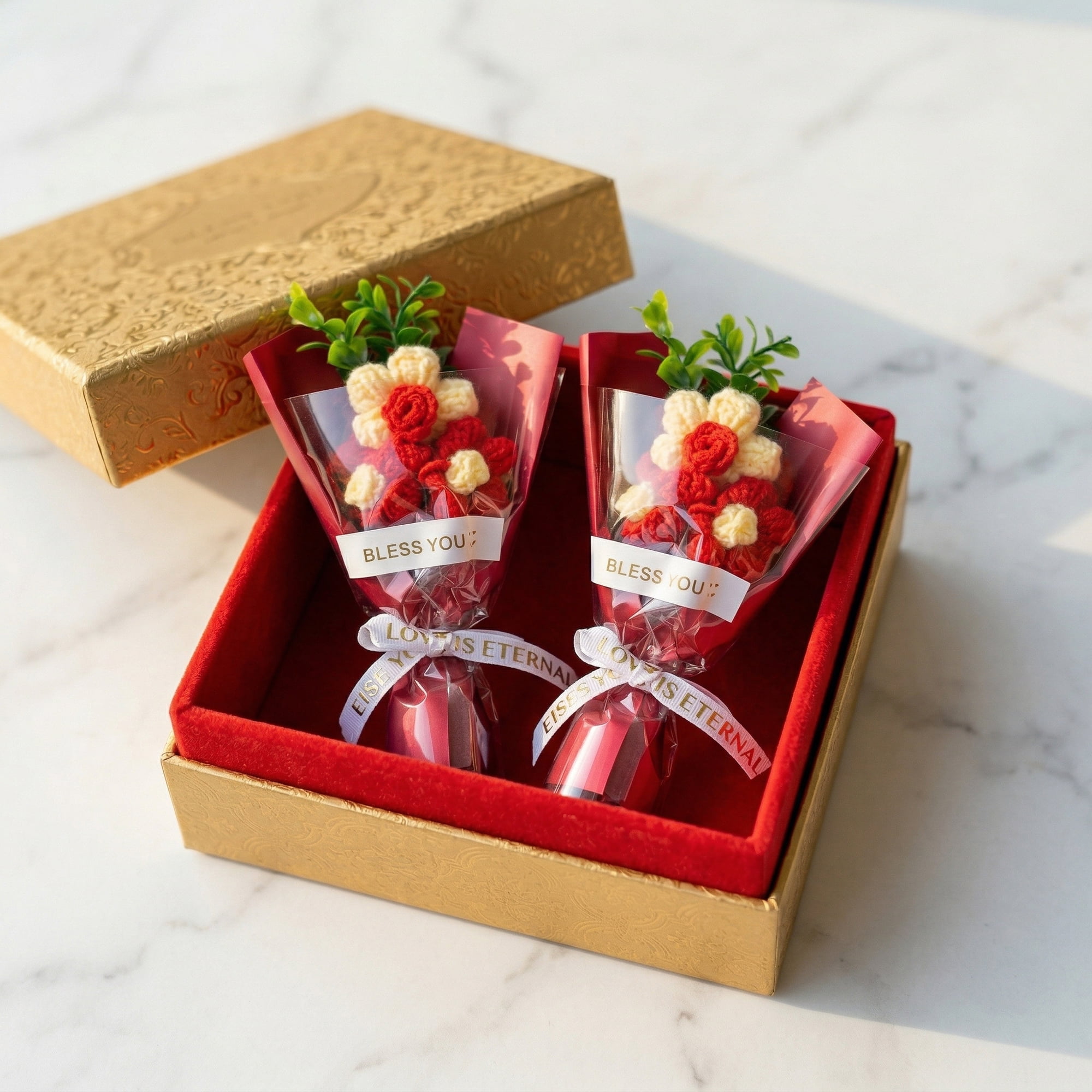 Unique Bargains 4Pcs Handmade Crochet Potted Flowers Knitted Bouquet Red 5.9in