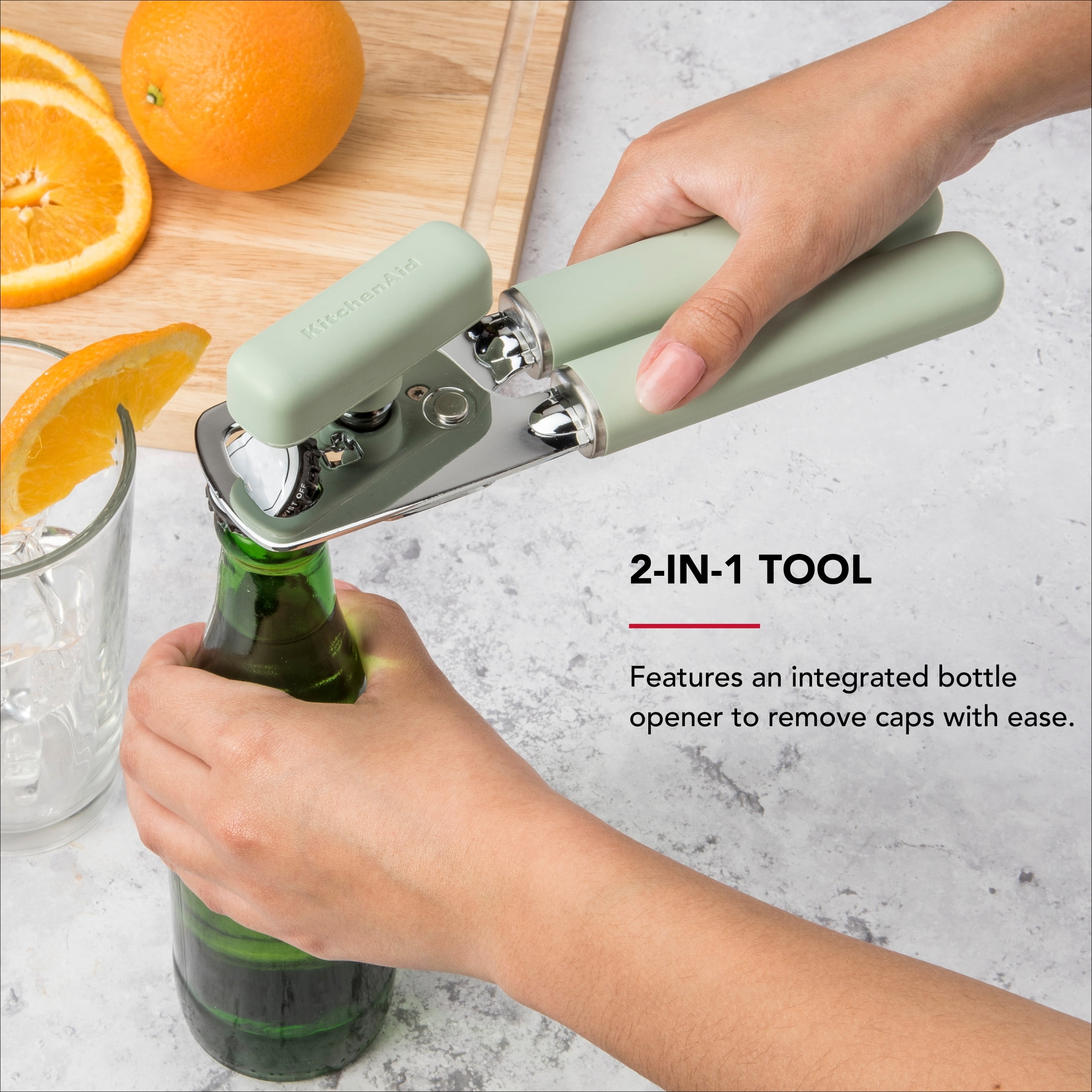 KitchenAid Stainless Steel Manual Can Opener with Bottle Opener and Ergonomic Grip, Pistachio