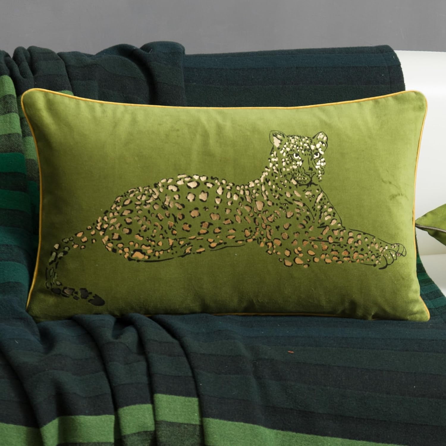 JWH Gold and Green Rectangle Cotton Velvet Leopard Print Cushion Cover 12x20inch