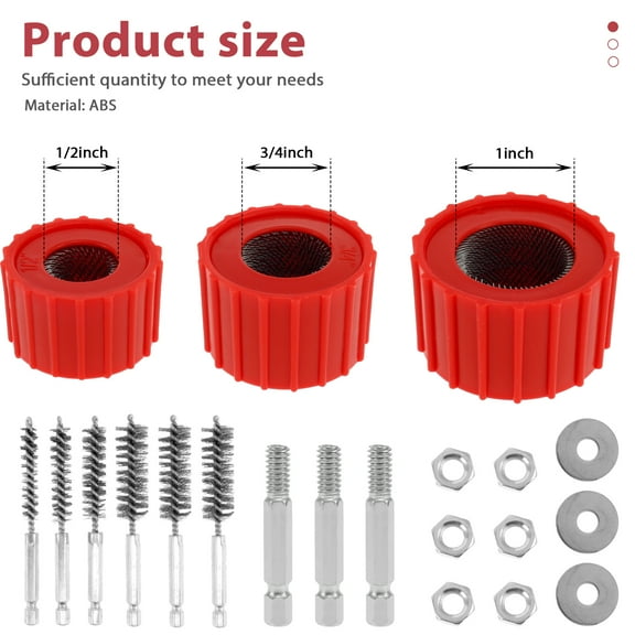 9 Piece Set 1/2" 3/4" 1" Copper Pipe Cleaner for Drill, Tube Cleaning Brush w Stainless-Steel Wire Bristle, Cleans Copper/Bronze/Brass Pipes and Tubes for Soldering