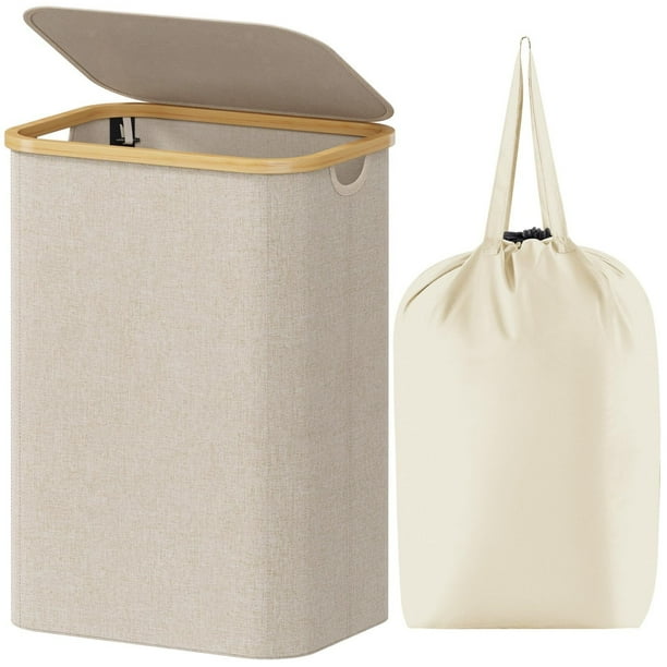 Cesto para la Ropa Sucia de 80L con Tapa, Cesta para la Colada con Asas de Bambú y Una Bolsa Extraíble, Cesto de Ropa Plegable Grande para Dormitorio, Cuarto de Baño, Lavadero, Beige