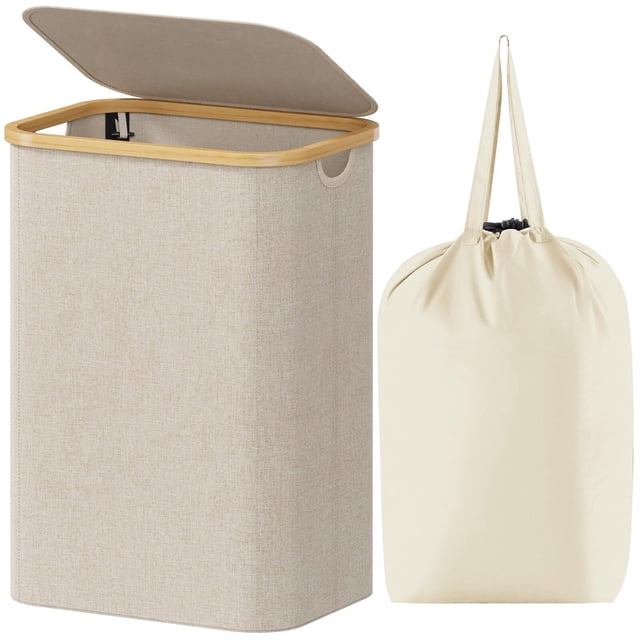 Cesto para la Ropa Sucia de 80L con Tapa, Cesta para la Colada con Asas de Bambú y Una Bolsa Extraíble, Cesto de Ropa Plegable Grande para Dormitorio, Cuarto de Baño, Lavadero, Beige