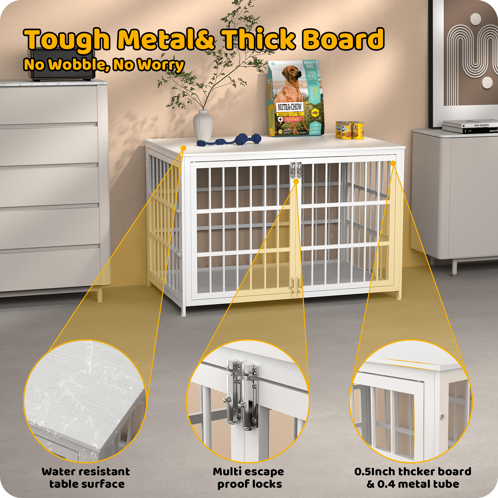 Ironovahome 48" Heavy Duty Dog Crate Furniture, Chew-Proof & Escape-Proof Wooden Dog Cage with Safe Locks & Double Doors, XL Indoor Dog Kennel Pet House for Large Dogs Up to 100lb, White