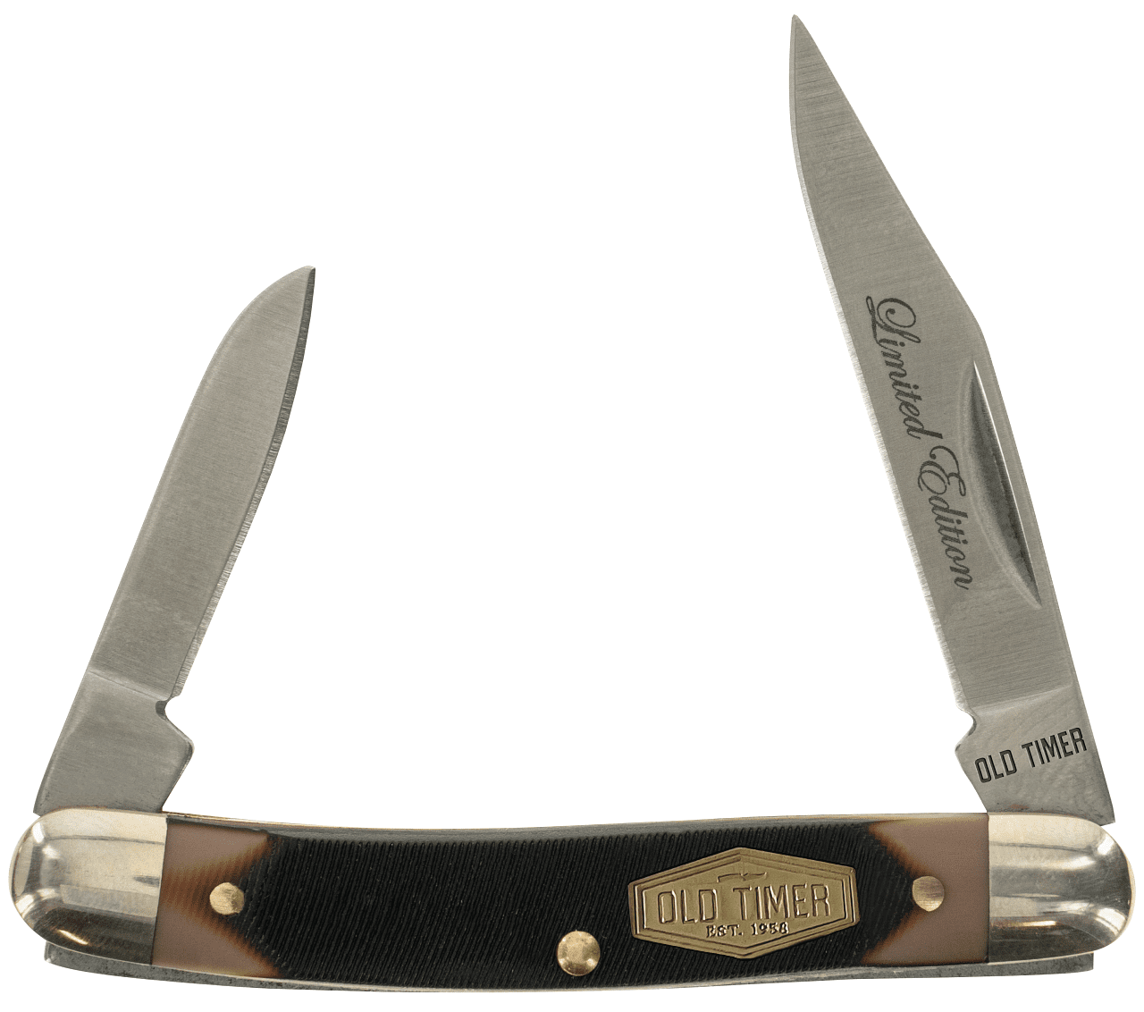 Old Timer Limited Edition 3pc Gift Tin, Sharpfinger, 3-Blade Middleman & 2-Blade Small Canoe Knife Set with Classic Old Timer Sawcut Handles, Sharpfinger Sheath and Collectible Gift Tin.