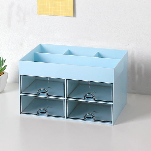 Organizador de Maquillaje de Gran Capacidad con Cajones, Caja de Almacenamiento para Tocador Plástica Multifuncional para Cosméticos, Cuidado de Uñas, Azul/Blanco/Rosa, 21x14.5x12.5cm para Encimeras