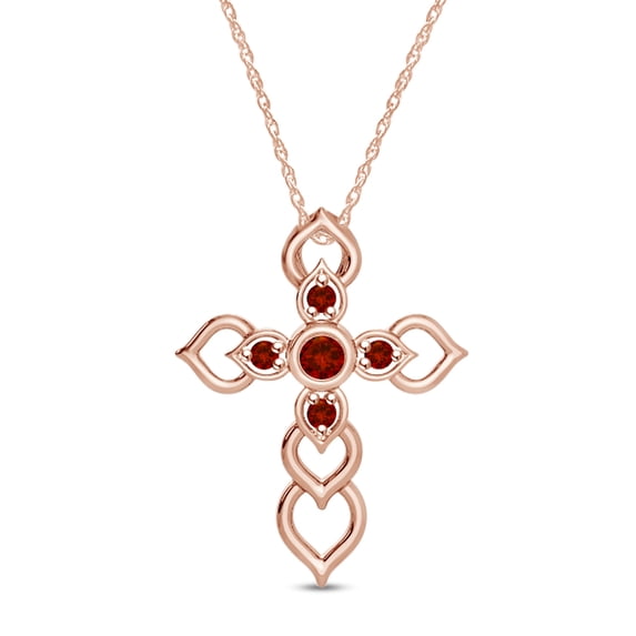 Round Cut Simulated Garnet Heart Cross Religious Pendant Necklace In 14k Rose Gold Plated 925 Sterling Silver Along With 18" Chain
