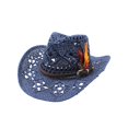 thumbnail image 4 of Uvwlwu Women Shapeable Hollowed Straw Cowboy Sun Hat Feather Decor Strap Breathable Lightweight Hat for Summer Daily Wear Camping Trip,15Navy,One Size, 4 of 4