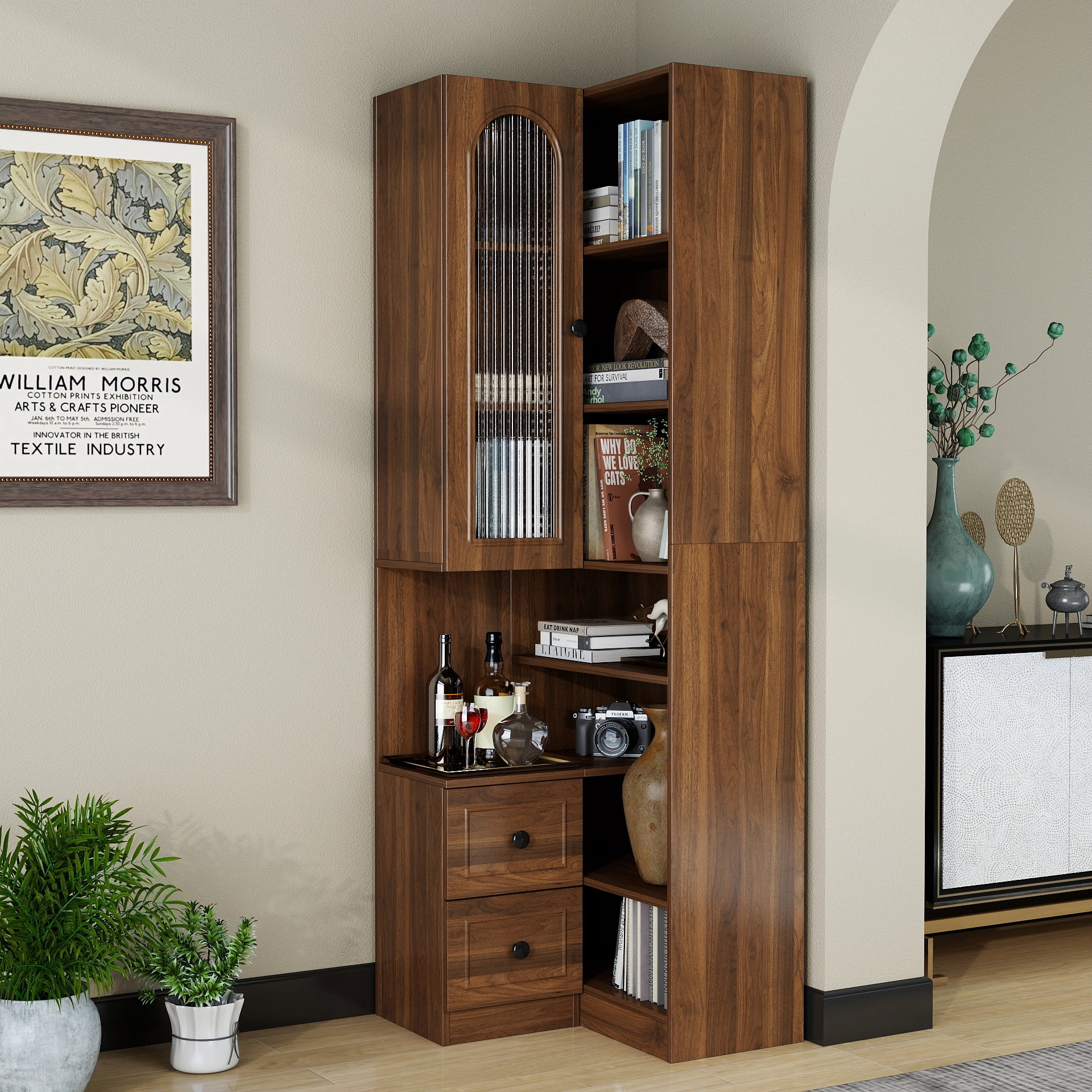 71" Tall Corner Bookshelf with Arched Glass Door, 6-Tier Bookcase with 2 Drawers