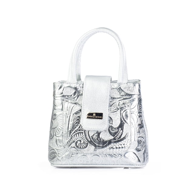 Bolso A ÁNGELOZANO Aurelia tipo Satchel en Piel Grabada Plata con Asa y Correa Desmontable