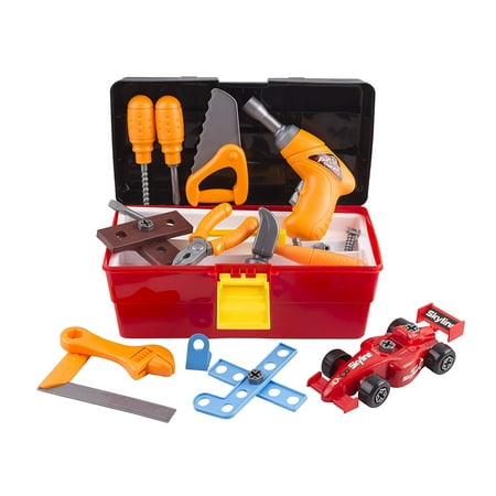 Play Tool Box 44 Piece Toy Tool Set With Construction Kit Accessories Portable Realistic Tools Box Including Electric Drill Hammer Wrench Screwdriver F1 Car Perfect For Boys Children’s Educational STEM Pretend Play ()