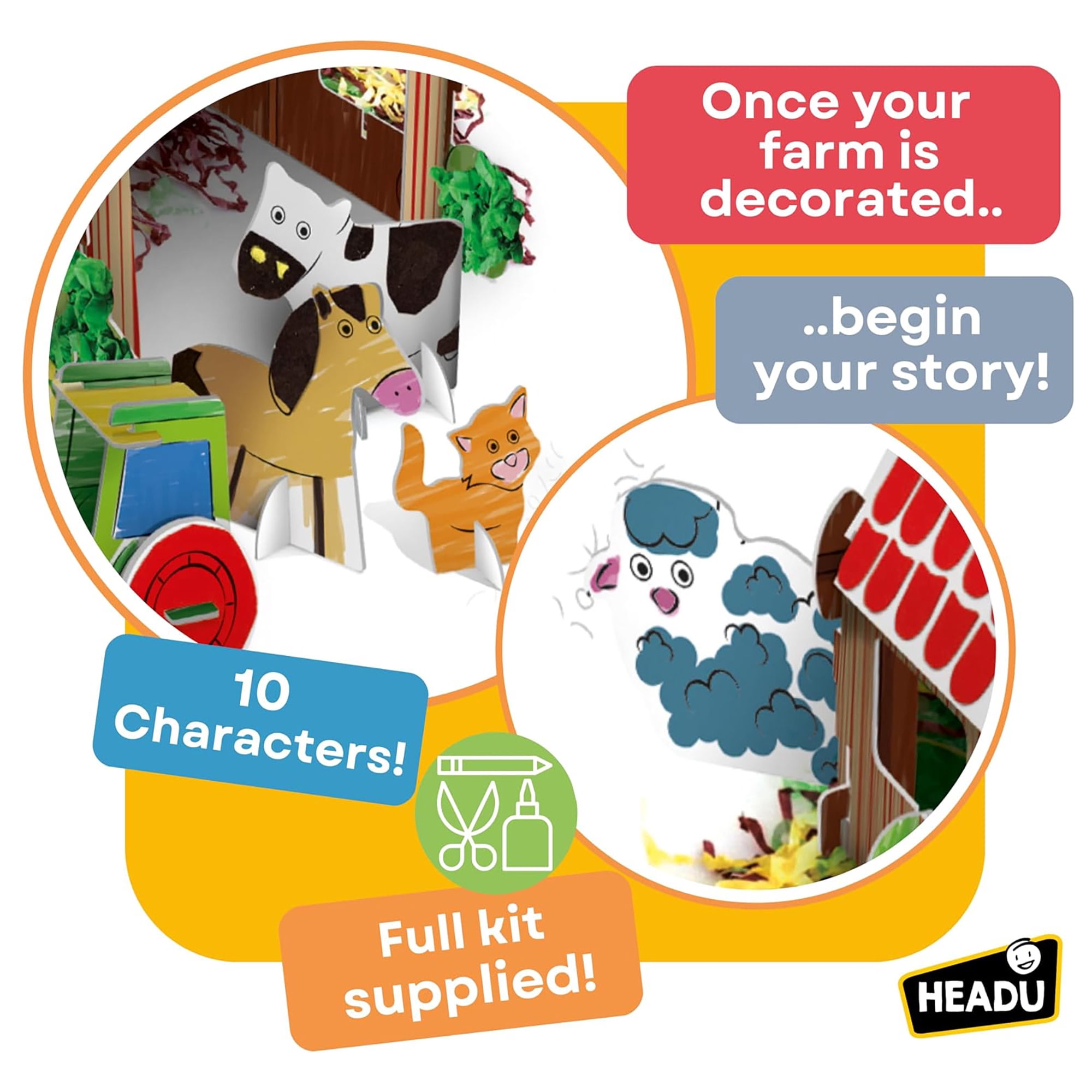 Headu: My First Creative Farm - Build-Color-Decorate a 3D Farm Scene, Barn-Animals-Farmers Cut-Out Pieces, DIY Tactile Storytelling Crafting, Kids 4+