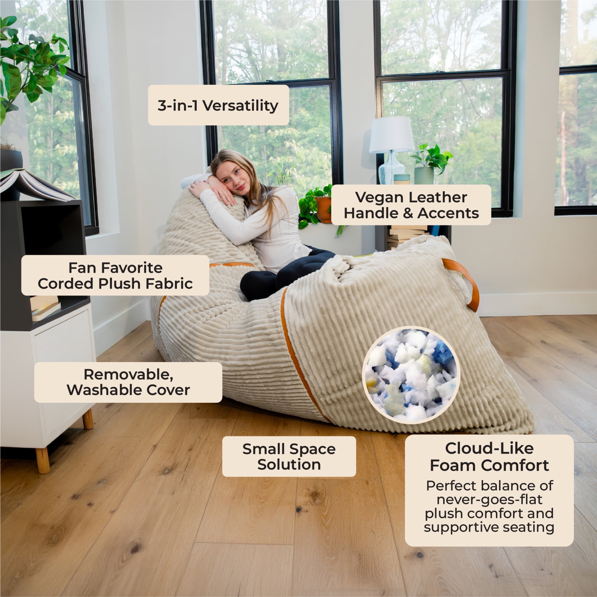 Big Joe Turnabout 3-in-1 Convertible Bean Bag Chair, Vanilla Latte