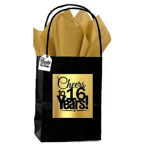 Black & Gold 16th Birthday / Anniversary Cheers Themed Small Party Favor Gift Bags with Tags -12pack