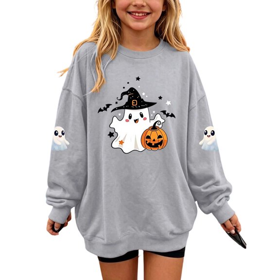 Qingpeng Boys Girls Witch Hat Ghost Sweatshirt Crewneck Long Sleeve Pullover Top with Sleeve Ghost Print