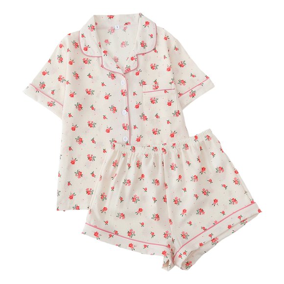 Huaizzzy Women's Casual Short Sleeve Pajama Set with Print Button Front Top and Shorts Comfortable Sleepwear Outfit with Pockets Pajamas for Tall WomenPajamas Set Bride Pajama Set for Women