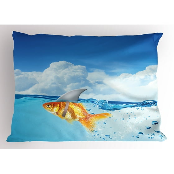 Shark Pillow Sham Cute Goldfish with Shark Fin on Top of the Water Fake Comical Humorous Nature ...