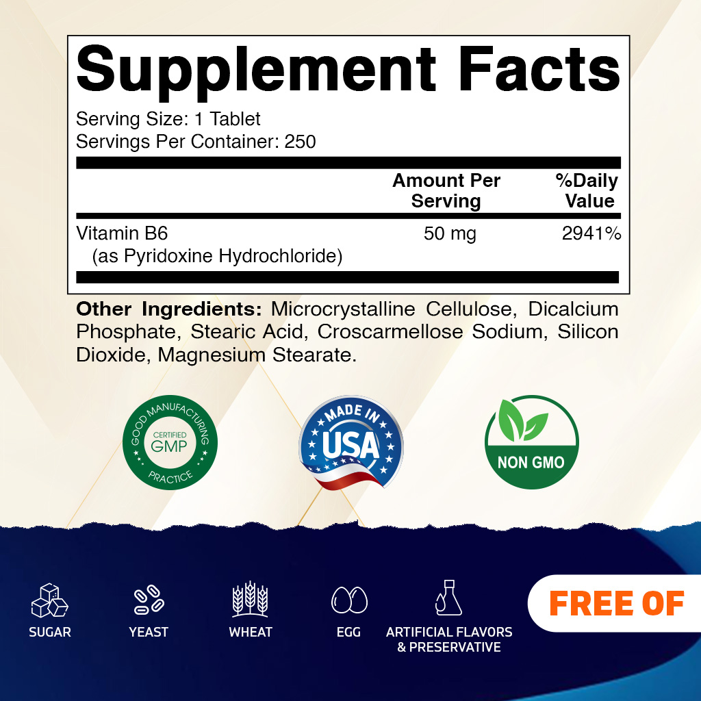 (3 pack) Vitamatic Vitamin B6 (Pyridoxine HCI), 50 mg 250 Vegetarian Tablets - Promotes Energy Production, boosts Metabolism and Immune Health Support