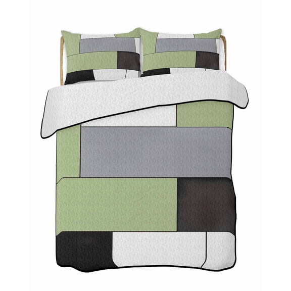 Quilts Twin Size, Sage Green Grey Geometric Soft Comforter Bedding Set for Bed, Modern Black White Abstract Art Lightweight Quilted Bedspread with Pillow Cover(2 Pieces) for All Season, 68x86 Inch