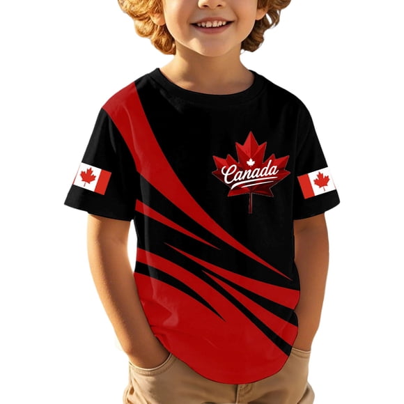 GDREDA Boys Patriotic Graphic Tee Featuring Embroidered Maple For Canadian Celebration And Kids Outdoor Activities Black,90