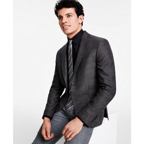 Calvin Klein Men's Slim-Fit Wool Woven Herringbone Sport Coat Charcoal B4HP $375 (Short,Regular,36)