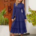 thumbnail image 4 of Womens Dresses Womens Autumn And Winter Solid Color Long Sleeve Round-neck Smocked Boho Dress A-Line Ruffle Frill Tiered Swing Midi Dress Print Tank dress Maxi Dress Mini Dress Square Neck, 4 of 6
