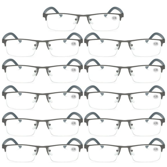 11 PK Men's Blue Light Blocking Reading Glasses - Rectangular Metal Half-Frame - Spring Hinge Readers  0.75