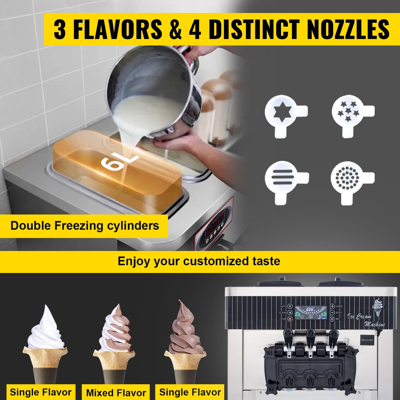 SHENGJINSH Ice Cream Maker, 3 Flavors 5.3-7.4 Gal/H, 2200W Commercial Ice Cream Machine with LED Display Auto Clean