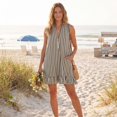 thumbnail image 4 of Women's Vertical Striped Dress, Casual Sleeveless Zip-up V Neck Mini Dress, Ruffle Hem Shift Summer Sundress with Pockets, 4 of 7