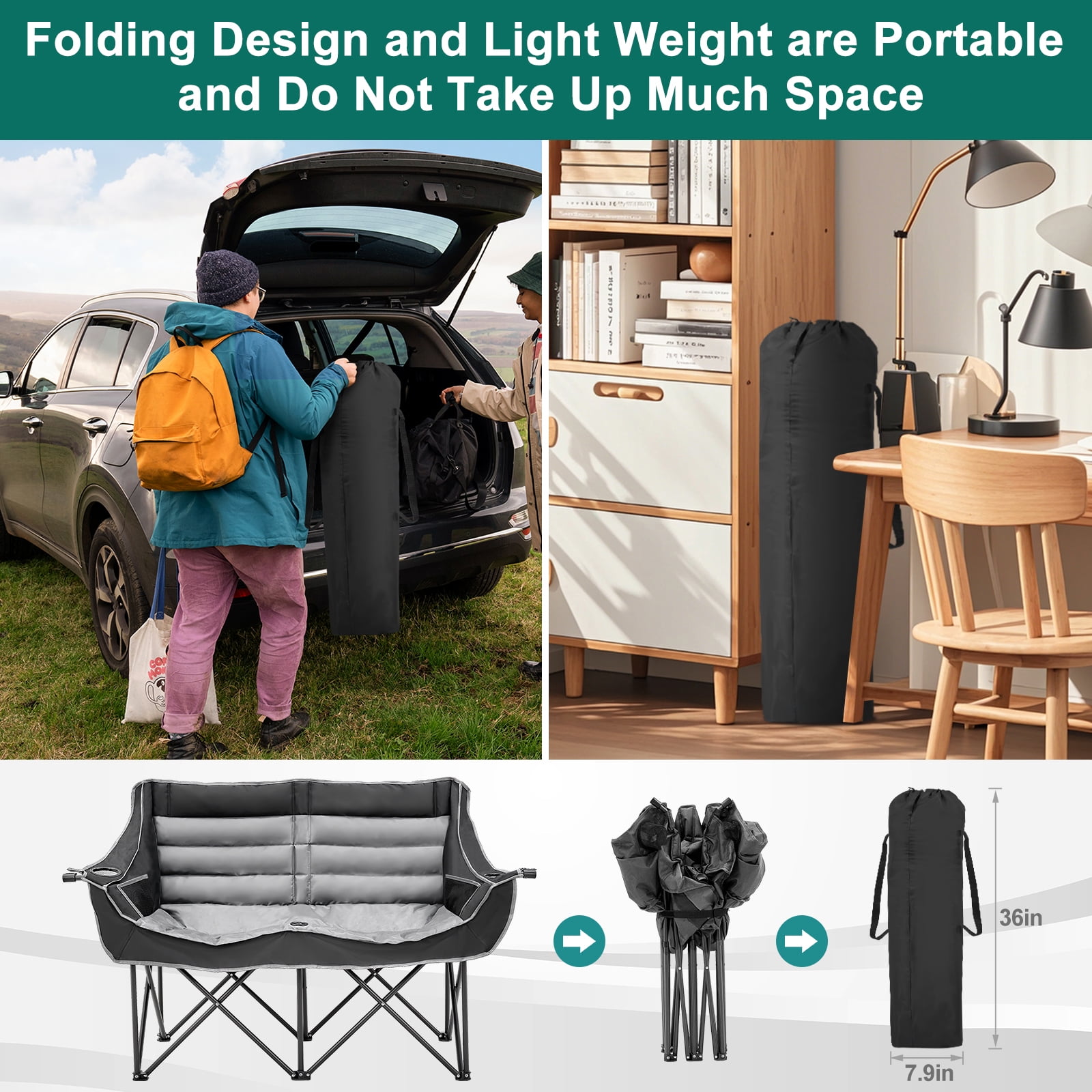 ABORON Oversized Double Camping Chair, Folding 2 Person Camping Chair Loveseat, Fully Padded Duo Chair Camping Couch, Portable Double Camp Chair, Lawn Chairs, Camping Bench with Carrying Bag
