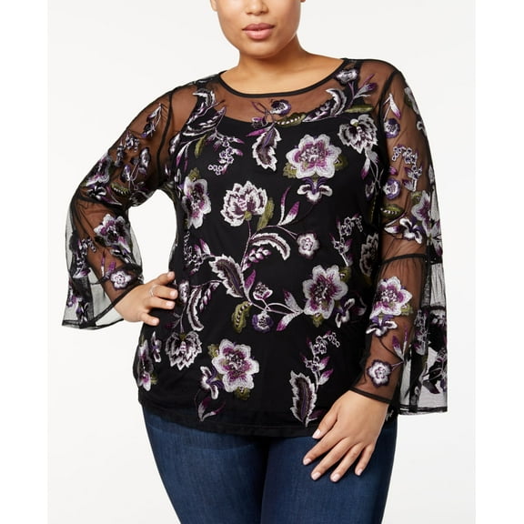 Plus Size Floral Embroidered Mesh Top Black 2X