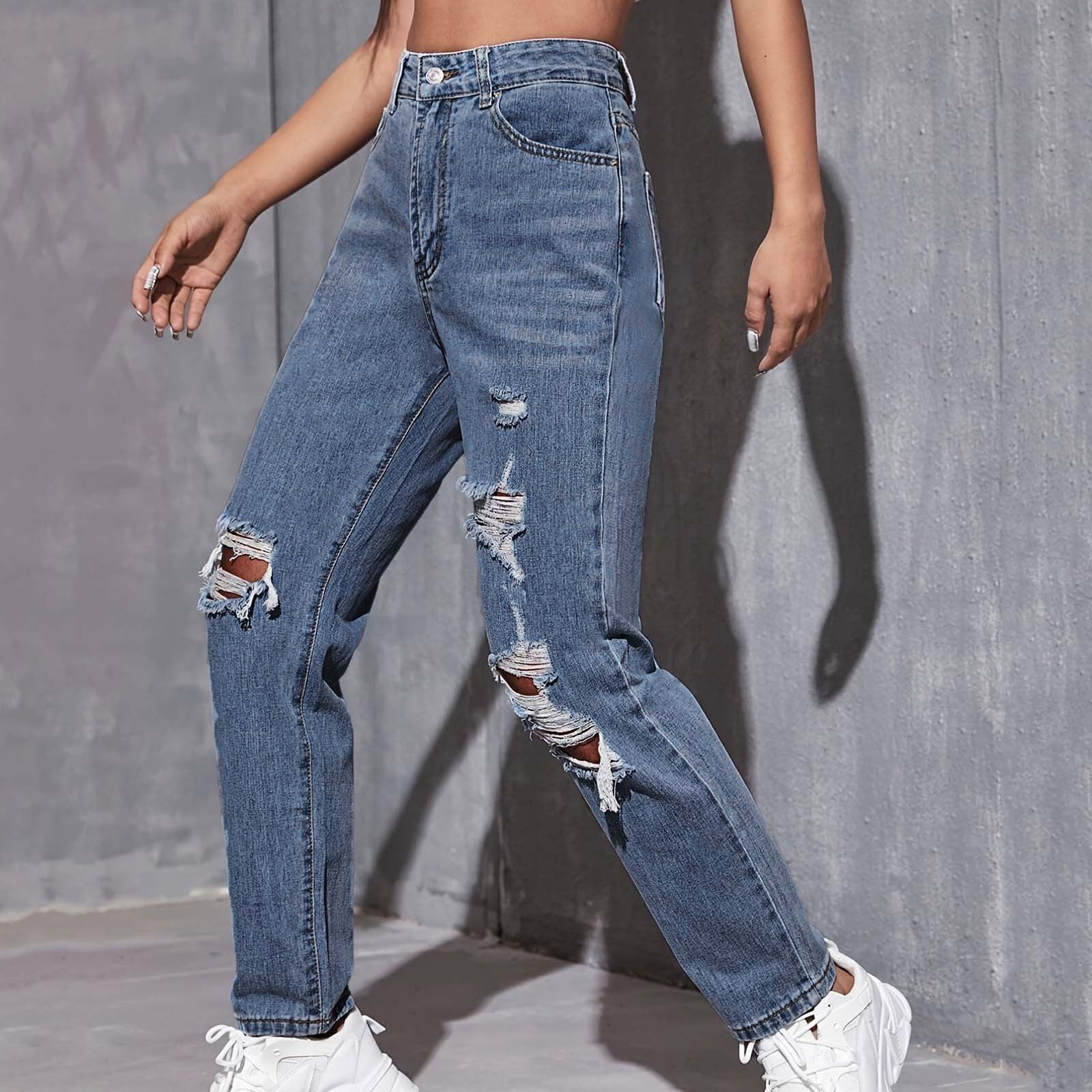Womens Jeans Buttons Mid Waist Denim Classic Hole Female Clothes Spring  Summer Comfy Leisure Loose Daily Simple Beach Style Ladies Jeans