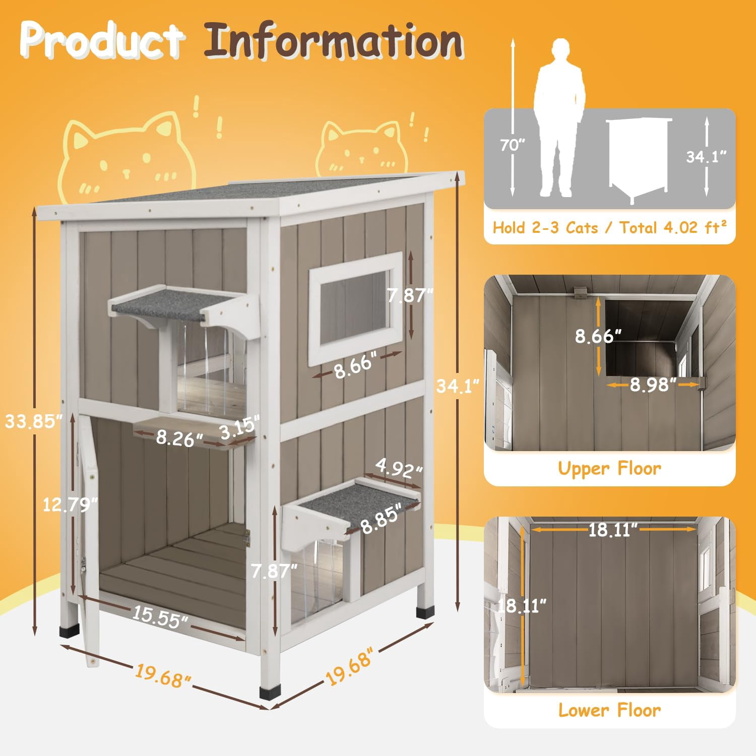 PETSCOSSET Outdoor Cat House, Two-Story Feral Cat Shelter with Asphalt Roof