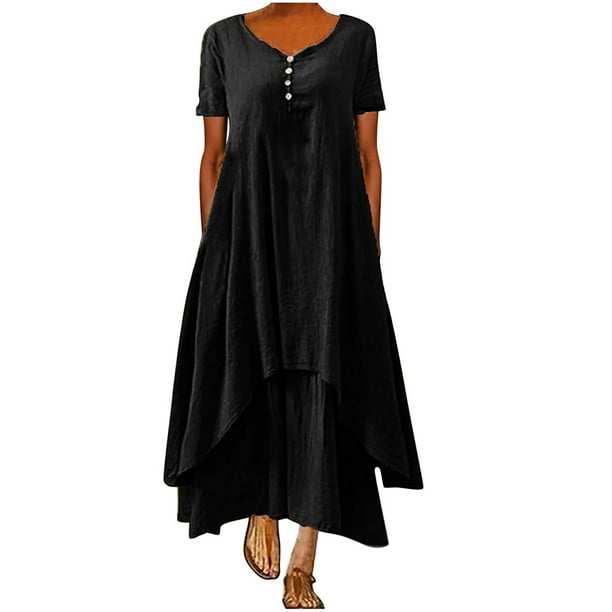 Moda casual mujer casual manga corta con cuello en v sólido irregular vestidos largos vestido Pompotops ghjkhdj16985