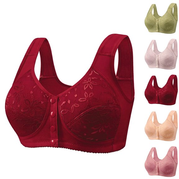 Daisy Bras for Older Women Front Closure Convenient Everyday Bras Mid Buttons Comfortable No Underwire Gathering Bras Red 48