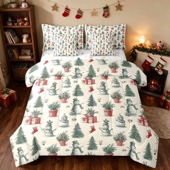 Manfei Christmas Tree Twin Bedding 7pcs Green Bedding Comforter Set, Olive Cream, Xmas Reversible
