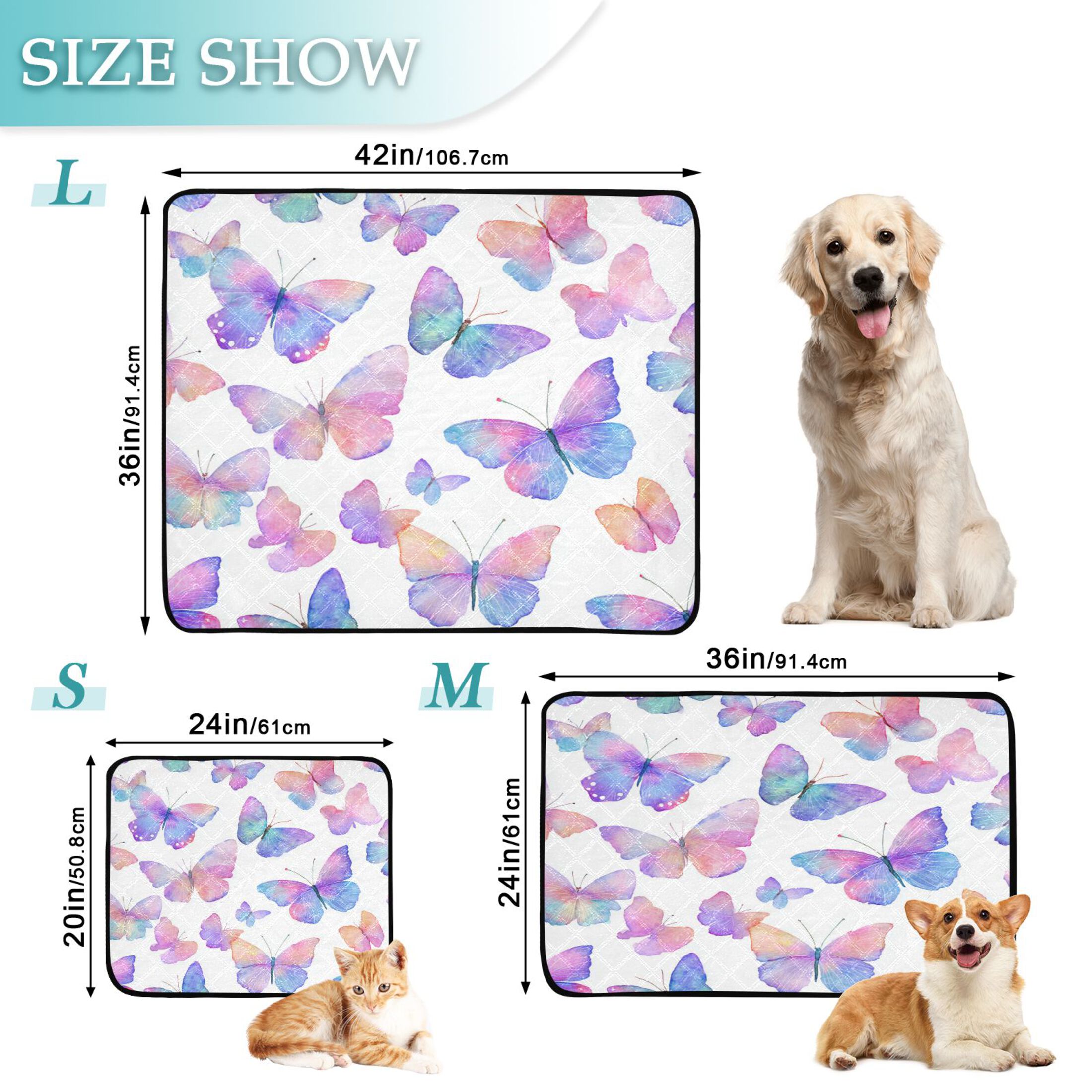 Qxltty Colorful Butterflies Cat litter Pads Pet Set of 3 Diaper Mats Center Anti-leakage Layer Absorbent Soft and Comfortable