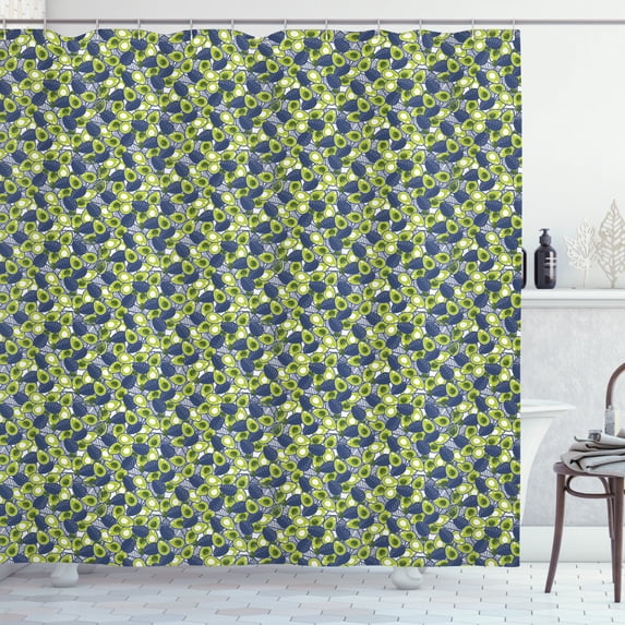 Avocado Shower Curtain, Repeating Sliced and Whole Organic Healthy Fruit, Fabric Bathroom Set with Hooks, 69W X 70L Inches, Sea Blue Apple Green, by Ambesonne