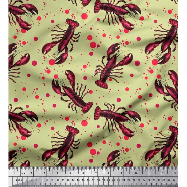 Soimoi Rayon Crepe Fabric Dot & Lobster Ocean Fabric Prints by Yard 46 Inch Wide