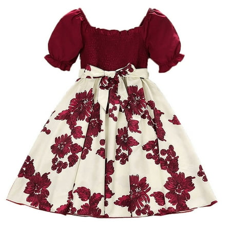 

XIEULQP Summer Dress Kids Toddler Girls Dress Flower Princess Dress Above Knee Dress Short Sleeve Elastic Waist Print Princess Dress Flower Girl Dress Red