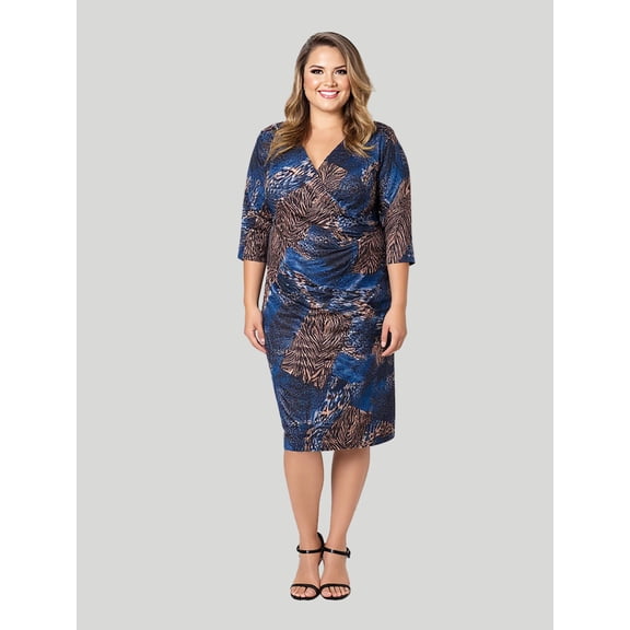 Plus Size Animal Knee Length Faux Wrap Dress