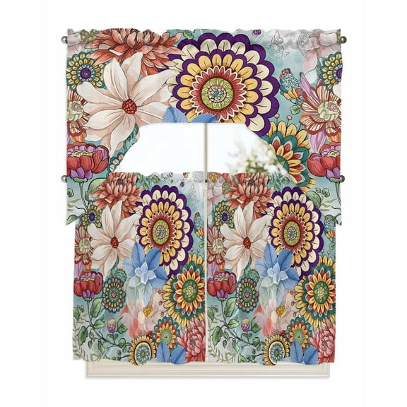 Boho Floral Kitchen Curtains Swag Valance and Tier Curtains Set 36 Inch Length, Bohemia Colorful Mandalas Botanical Flower Rod Pocket Drape Panels Pair Swag Curtains for Bathroom/Cafe/Window