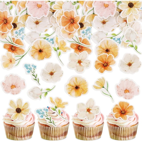 Edible Flower Cupcake Toppers Bridal Engagement Birthday Party Cupcake Picks Anniversary Drink Topper Party Decorations Supplies Pink (blue)