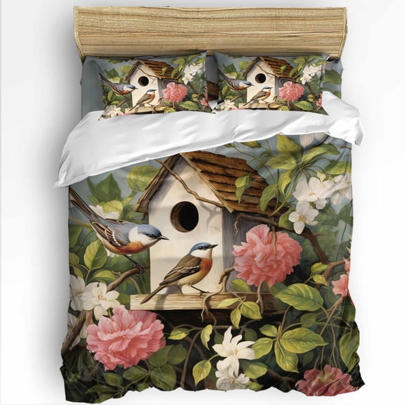 Spring Birds Leaves Queen Size Comforter Set, Birdhouse Pink Flowers Vintage Soft Bedding for All Seasons, 4 Pcs Bed Set with 1Comforter (90"x92") ,1 Sheet(94"x116"), 2 Pillowcases (19"x29")