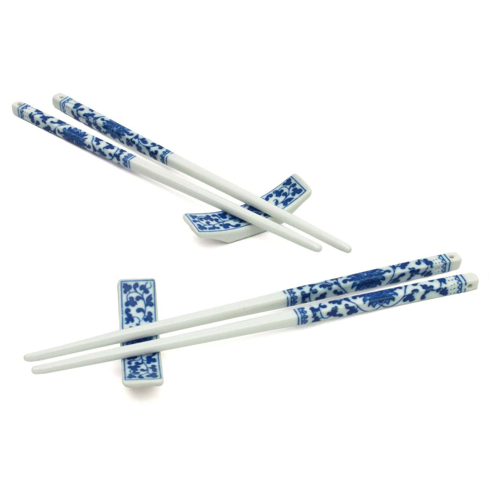 Red Lantern Blue and White Floral Porcelain Chopsticks Set