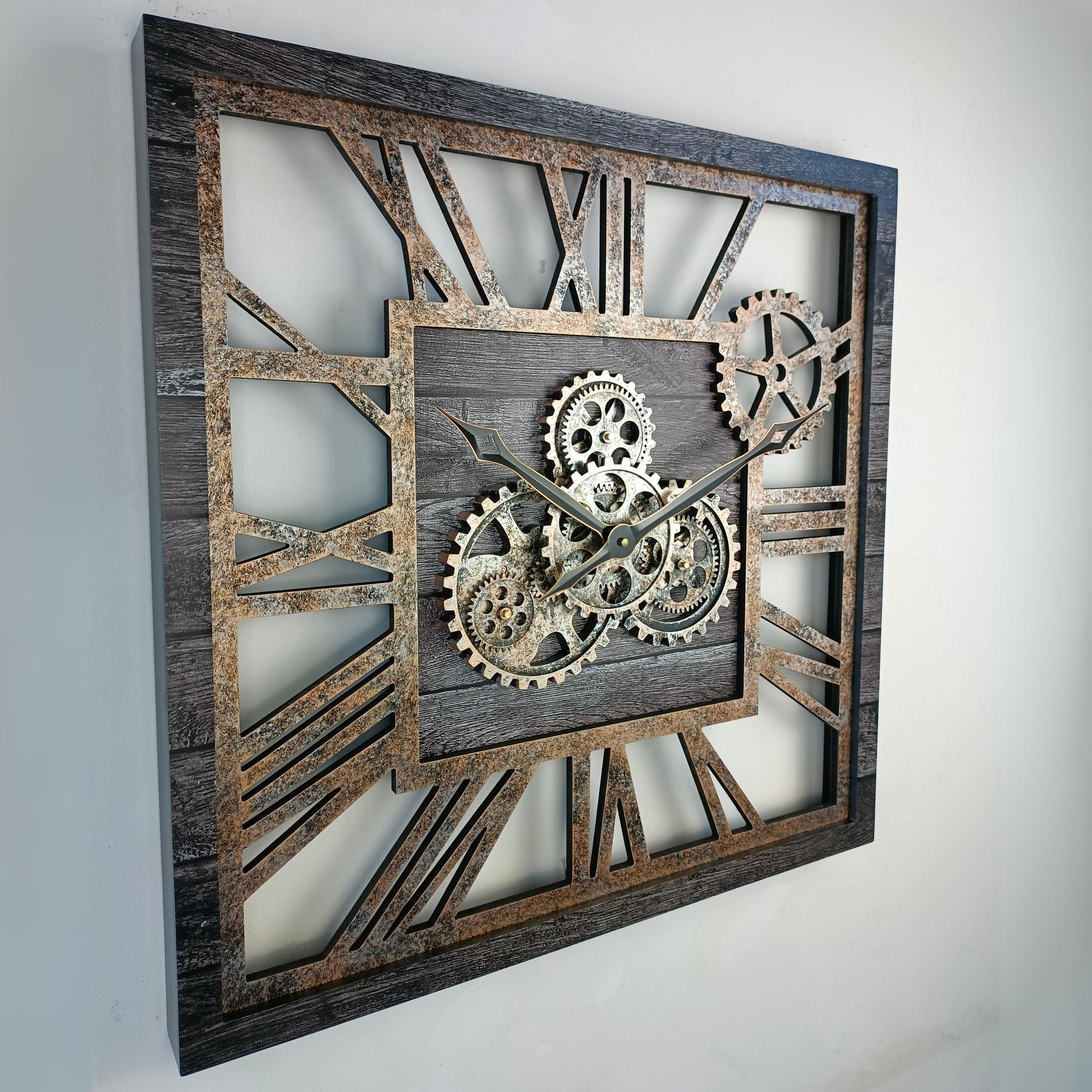 THE GEARS CLOCK Wall Clock with Real Moving Gears AM-LI_ 24 in Square Carbon-Grey