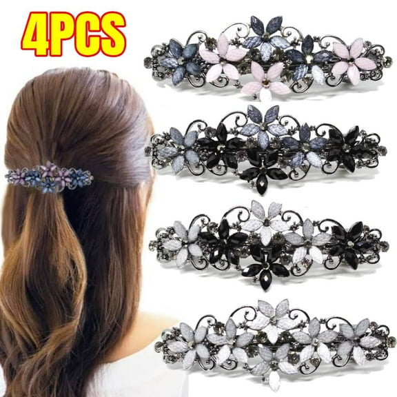 4 PCS Elegant Hair Barrettes for Women Ladies - Flower Crystal Rhinestones Spring Hair Clip Accessories, Fashion Ponytail Holders for Daily Wear - Mother's Day Present