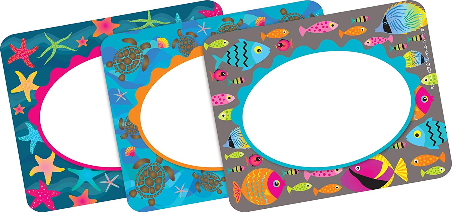 Barker Creek Name Badges & Self-Adhesive Labels, Kai Ola Sea Life, Multi-Design, Multi Purpose, Use as Name Tags, Gift Tags, Labels, Bookplates, and More! 3.5' x 2.75', 45 per Pkg (1535)