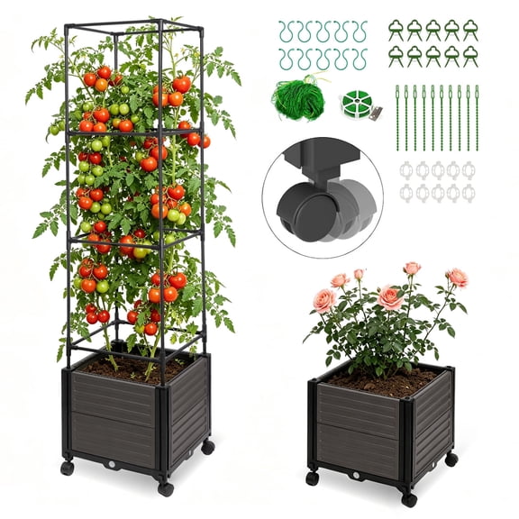 64.9" Tomato Planter Box with Trellis & Wheels, Self Watering Raised Garden Bed for Vegetables Climbing Plants Indoor Outdoor